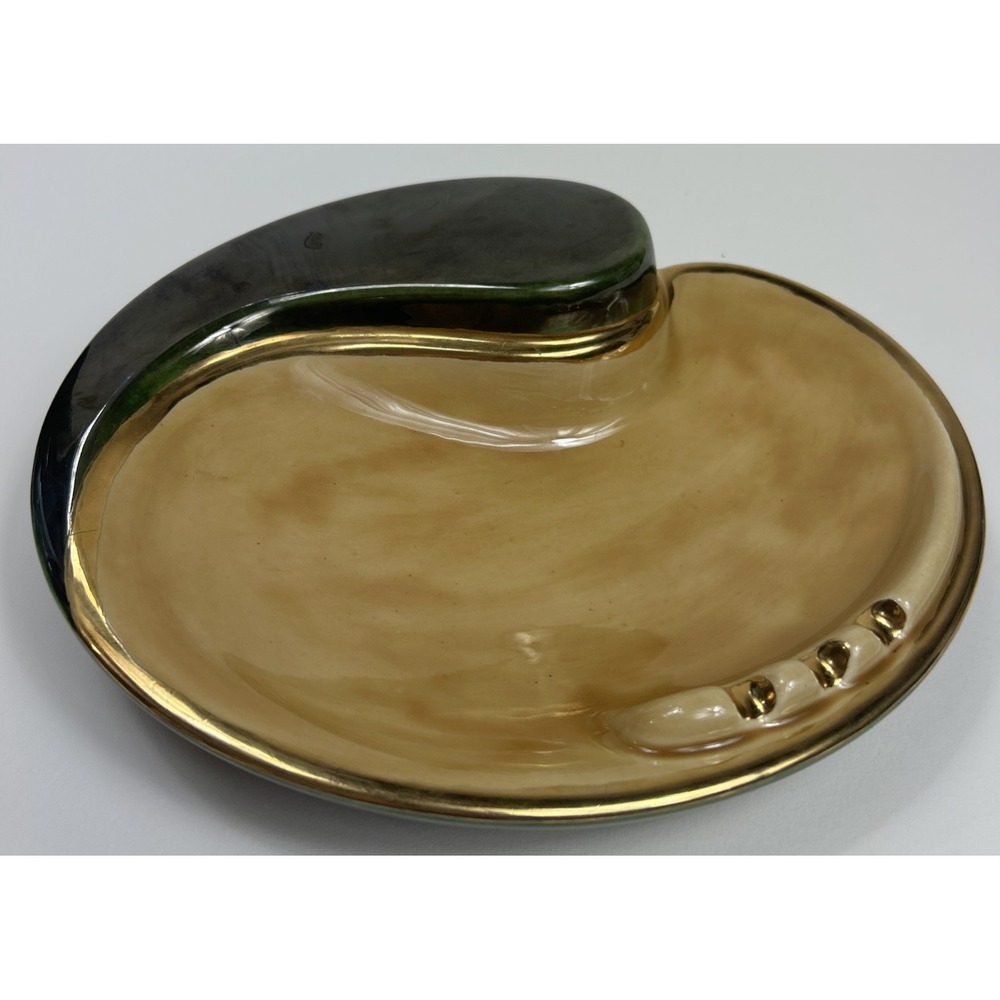 VTG Green And Gold Glaze Pottery Ashtray December 1973 MCM Large